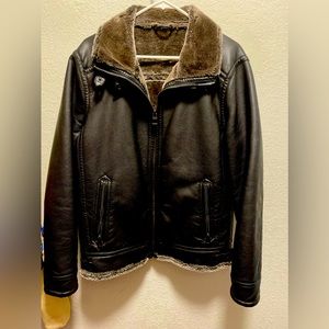 Guess Authentic Leather Faux Bunny Fur Lined Jacket